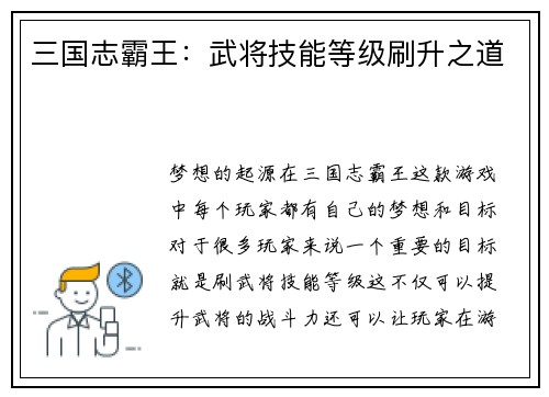 三国志霸王：武将技能等级刷升之道