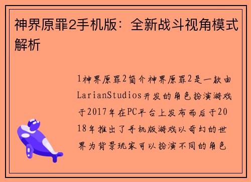 神界原罪2手机版：全新战斗视角模式解析